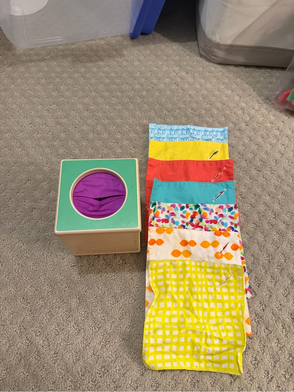 Sensory Pull-Through Learning Toy with Purple Insert and Colorful Fabric Squares